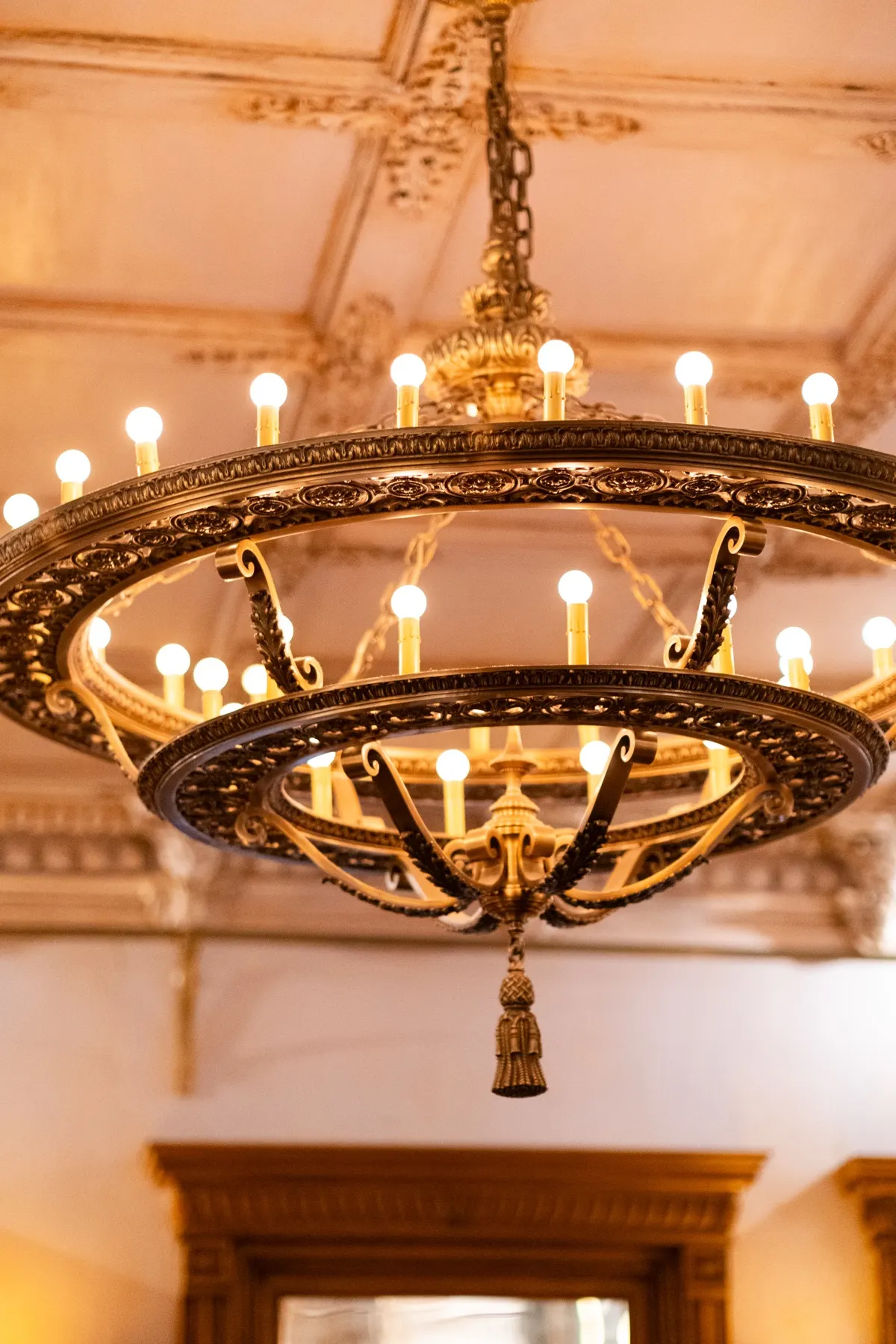 The chandelier in the Lobby Bar of The Hotel Chelsea
